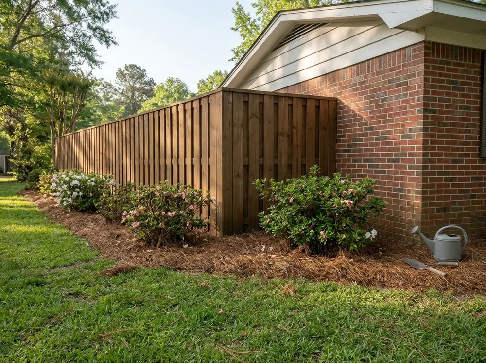 A stained pine board-on-board privacy fence with overlapping boards beside a brick ranch house
