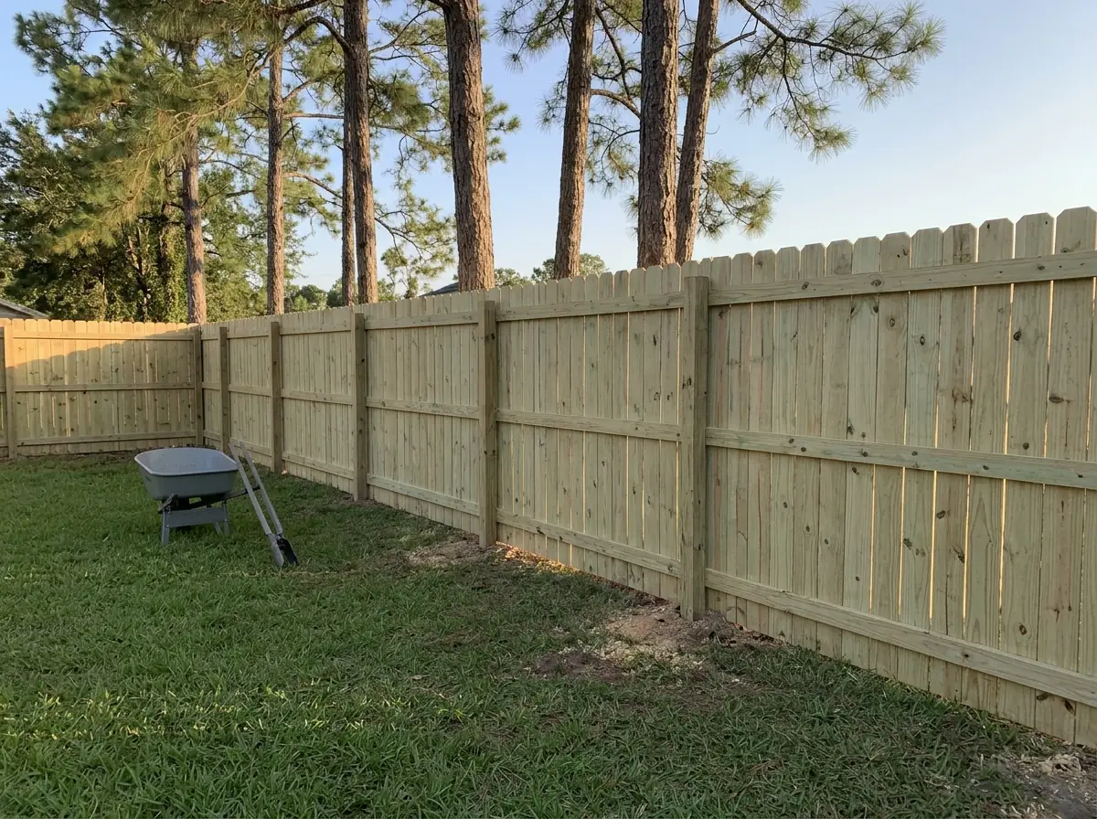 A new pressure-treated pine dog-ear privacy fence along a backyard lawn with tall pines behind