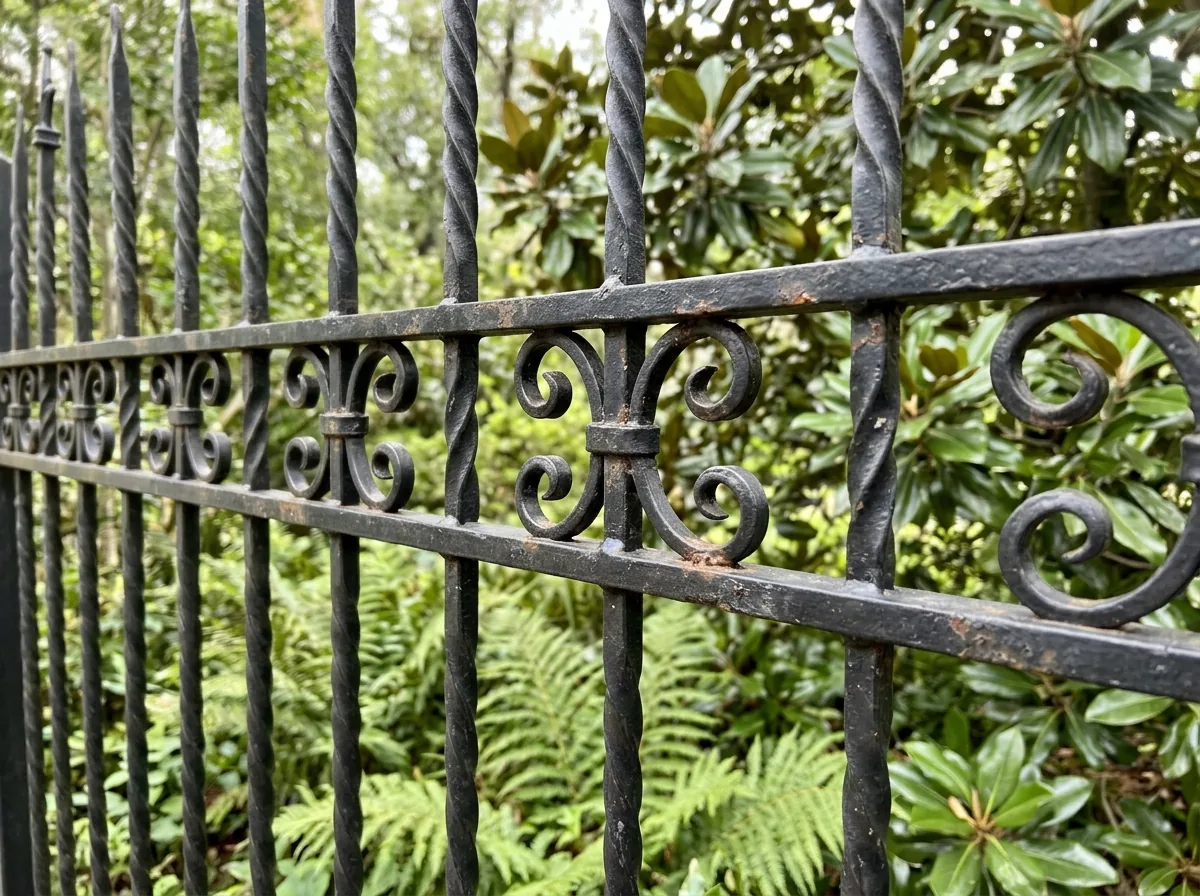 A custom black iron fence section with twisted pickets and hand-formed scrolls