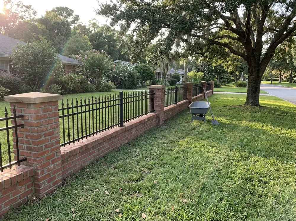 Black iron fence panels mounted on a low red brick wall between brick piers