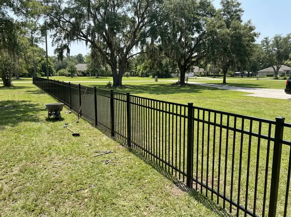 Black galvanized steel fence panels with straight pickets and three rails along a front lawn