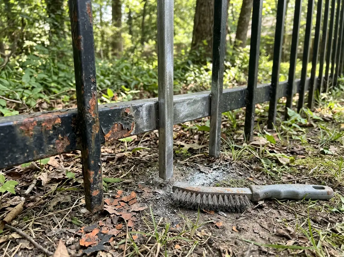 An old iron fence with patches of rust and peeling black paint beside a sanded section