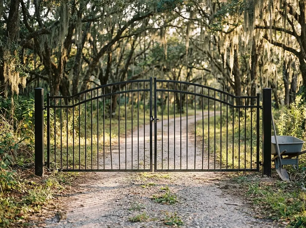 An arched black steel double gate across a gravel lane lined with live oaks and Spanish moss